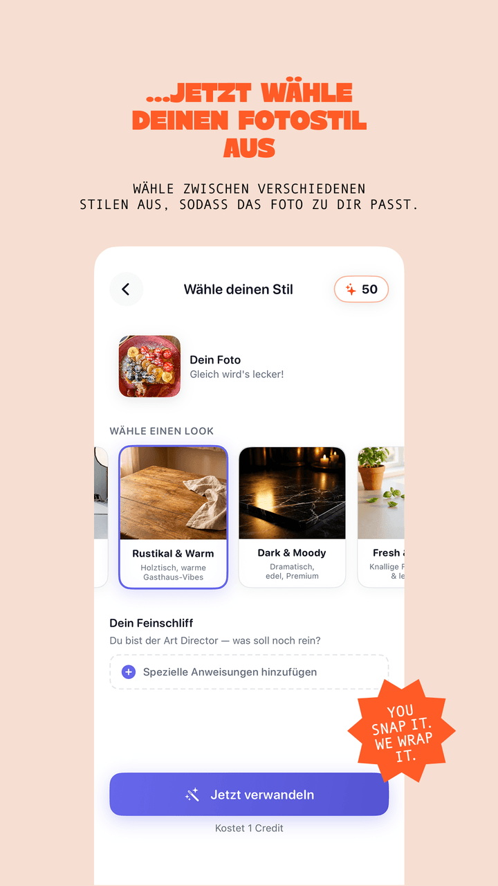 App-Screen Schritt 2: Wähle deinen Fotostil aus. Wähle zwischen verschiedenen Stilen, sodass das Foto zu dir passt.